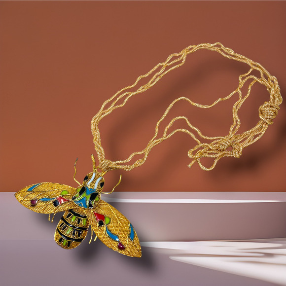 Vintage 1980's Kubla Enamel Crafts Moth Insect Gold Tone Mesh Cloisonne Necklace - Picture 1 of 7